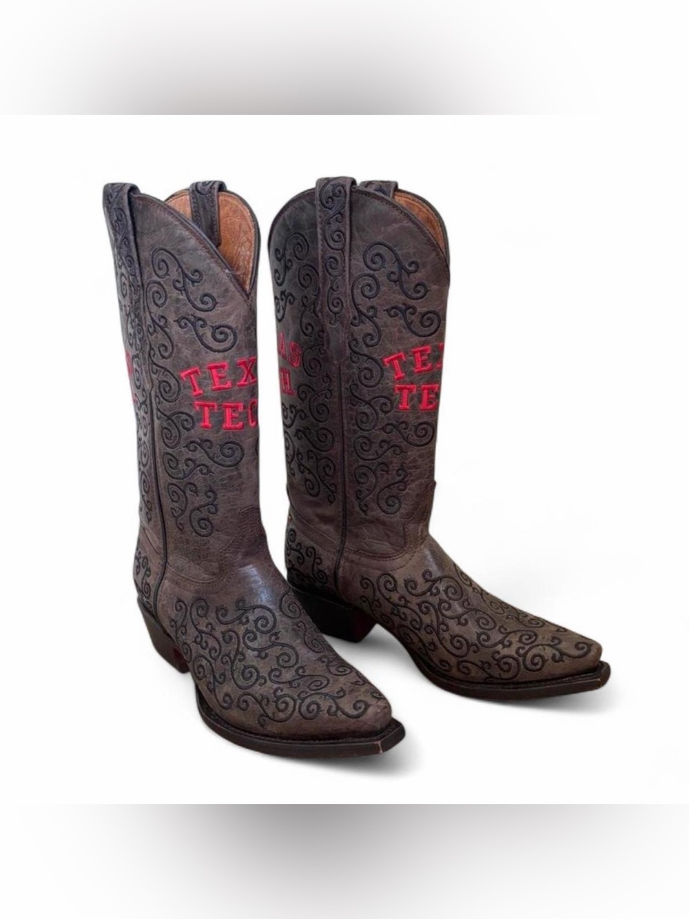 Women's Brown Embroidered Cowboy Boots with Red Accent